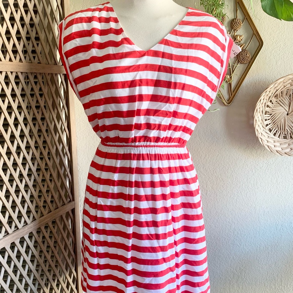 Red White Striped V-Neck Elastic Waist Dress Size M 80s